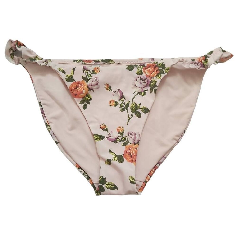 Aerie Women's Size Large Pink Rose Print Ruffle Side Bikini Bottom